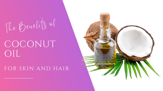 crisp coconut halves on palm leaves in front of coconut oil