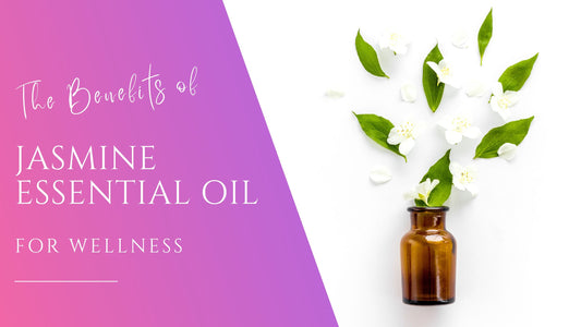 beautiful crisp jasmine flowers surrounding an essential oil amber bottle for the benefits of jasmine essential oil
