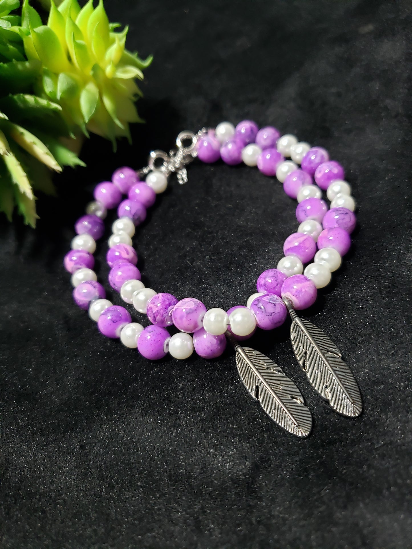 Purple Feather Bracelet Set- 2 Pieces