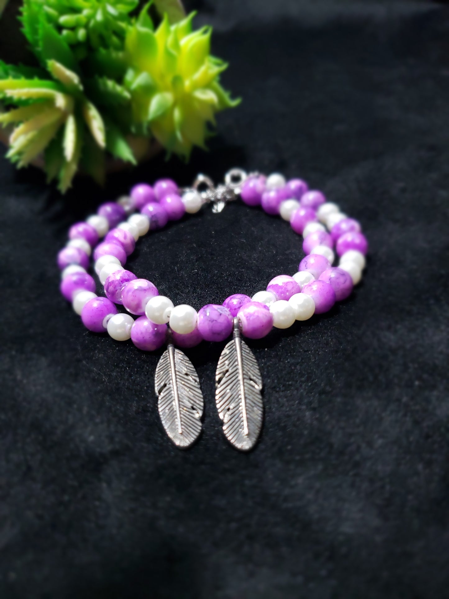 Purple Feather Bracelet Set- 2 Pieces