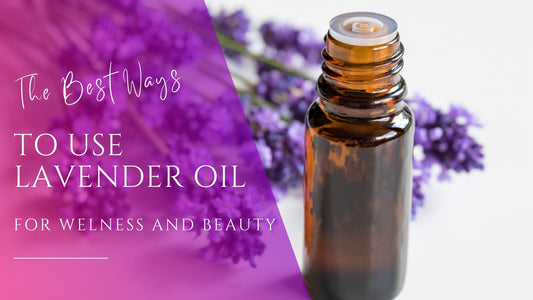 an amber essential oil bottle in front of vibrant purple lavender buds for the benefits of lavender essential oil