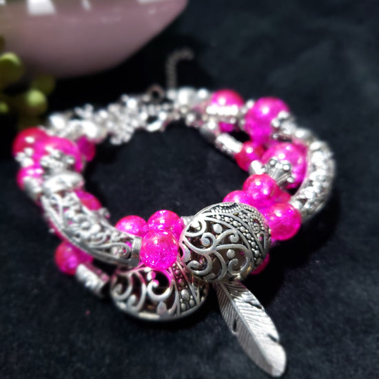 Pink crackle beaded bracelets with silver clasp